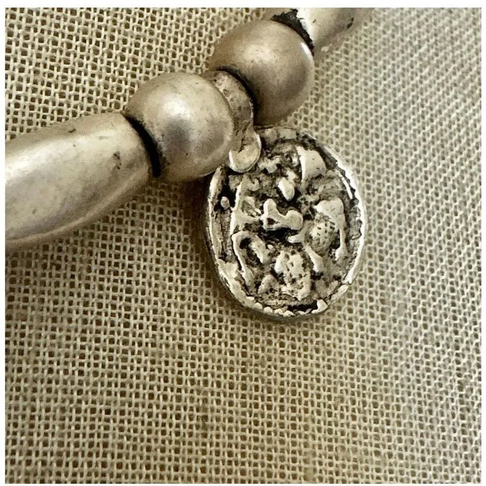Silver Tone Beaded Leather Necklace with Textured Disc Charms